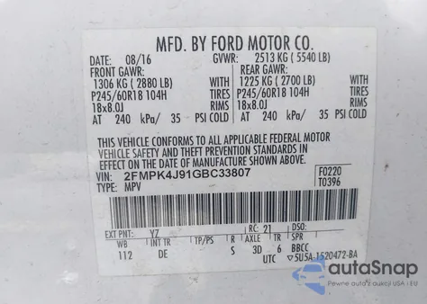 2016 Ford Edge Sel z USA, uszkodzony, nr VIN 2FMPK4J91GBC33807